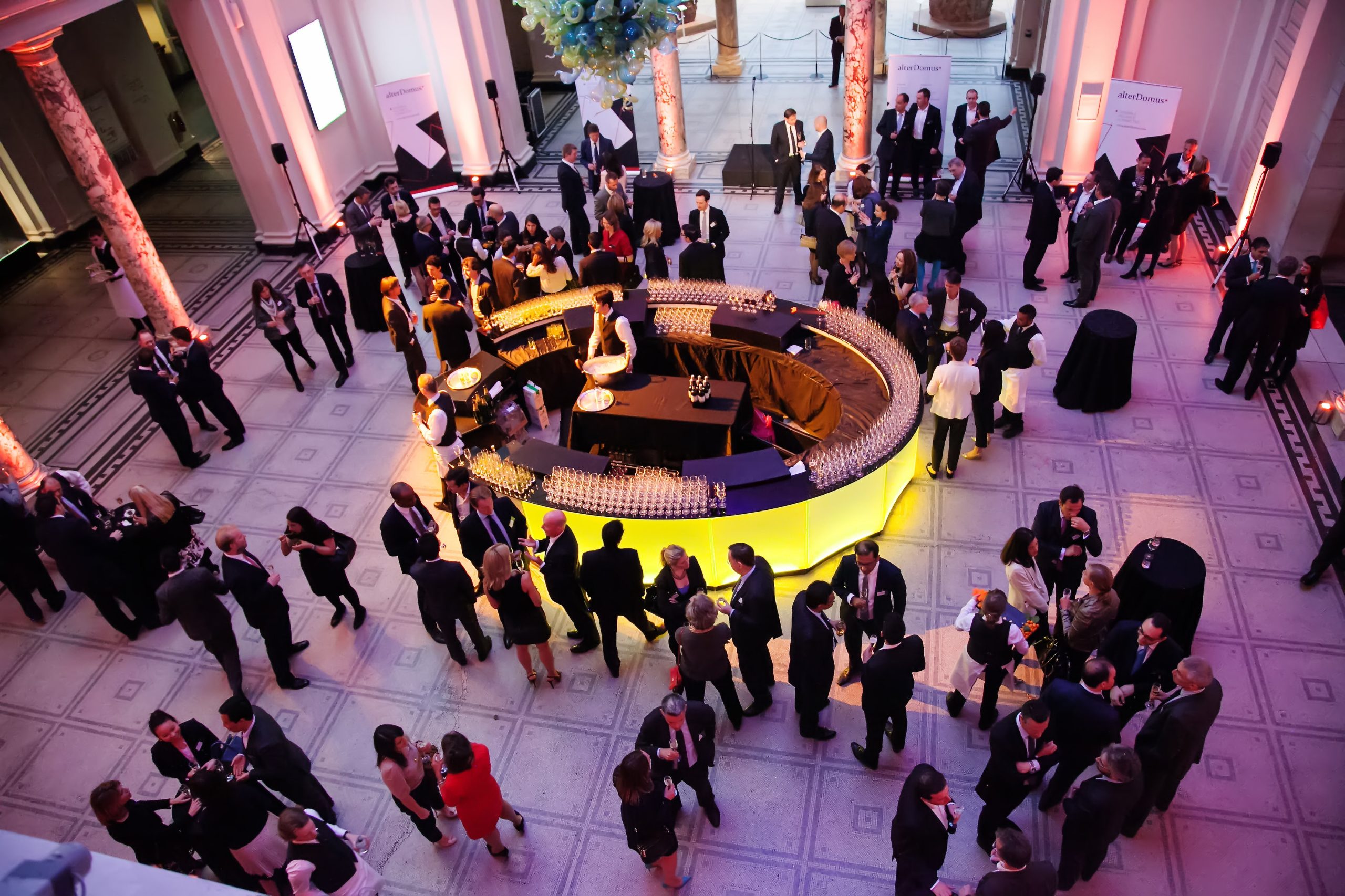 Elegant cocktail reception with guests mingling, April 2015